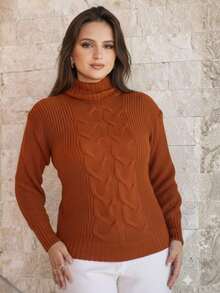 Women's Cold Weather Sweater Turtleneck Wool Puff Sleeve Knitted Knit Braids - 鏽 - 查看 1