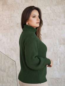 Women's Cold Weather Sweater Turtleneck Wool Puff Sleeve Knitted Knit Braids - Army Green - View 7