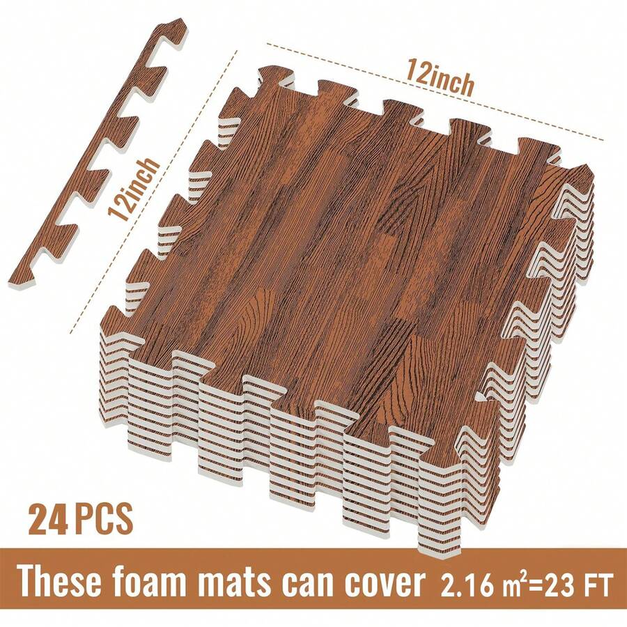 24Pcs 12" Wood Grain Interlocking Foam Floor Mats, Waterproof EVA Puzzle Tiles, Non-Slip Protective Flooring For Home Gym Basement Garage - Brown - View 1