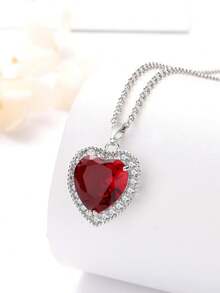 Dây chuyền bạc 925 hình trái tim đại dương đính đá ruby đỏ, mặt dây chuyền hình trái tim đính đá ruby đỏ CZ, quà tặng cho nữ, quà tặng ngày Valentine, dây chuyền đeo hàng ngày. - Đỏ - Xem 1