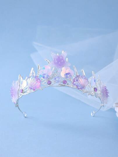 Mermaid, Starfish, Shell Crown For Women, Purple Crystal Ocean Theme Bridal Tiara, Elegant Ball Party Headband