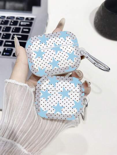 Cute Blue Star Polka Dot Transparent Earphone Case With Carabiner, Women's Anti-Drop TPU Wireless Earphone Protective Cover