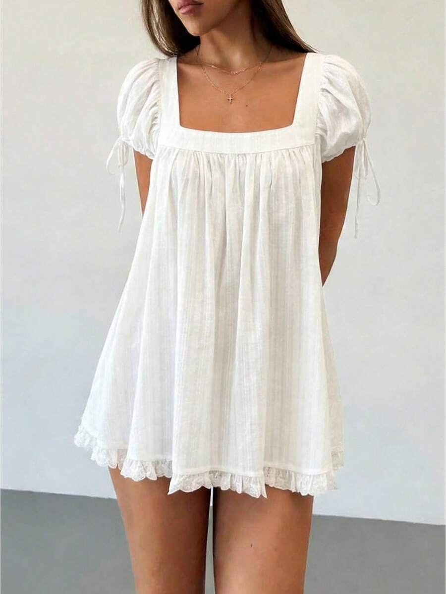 Women's Square Neck Puff Sleeve Lace Trim Blouse Summer Short Sleeve Babydoll Style Cute Casual Holiday Top 2026 - trắng - Xem 1