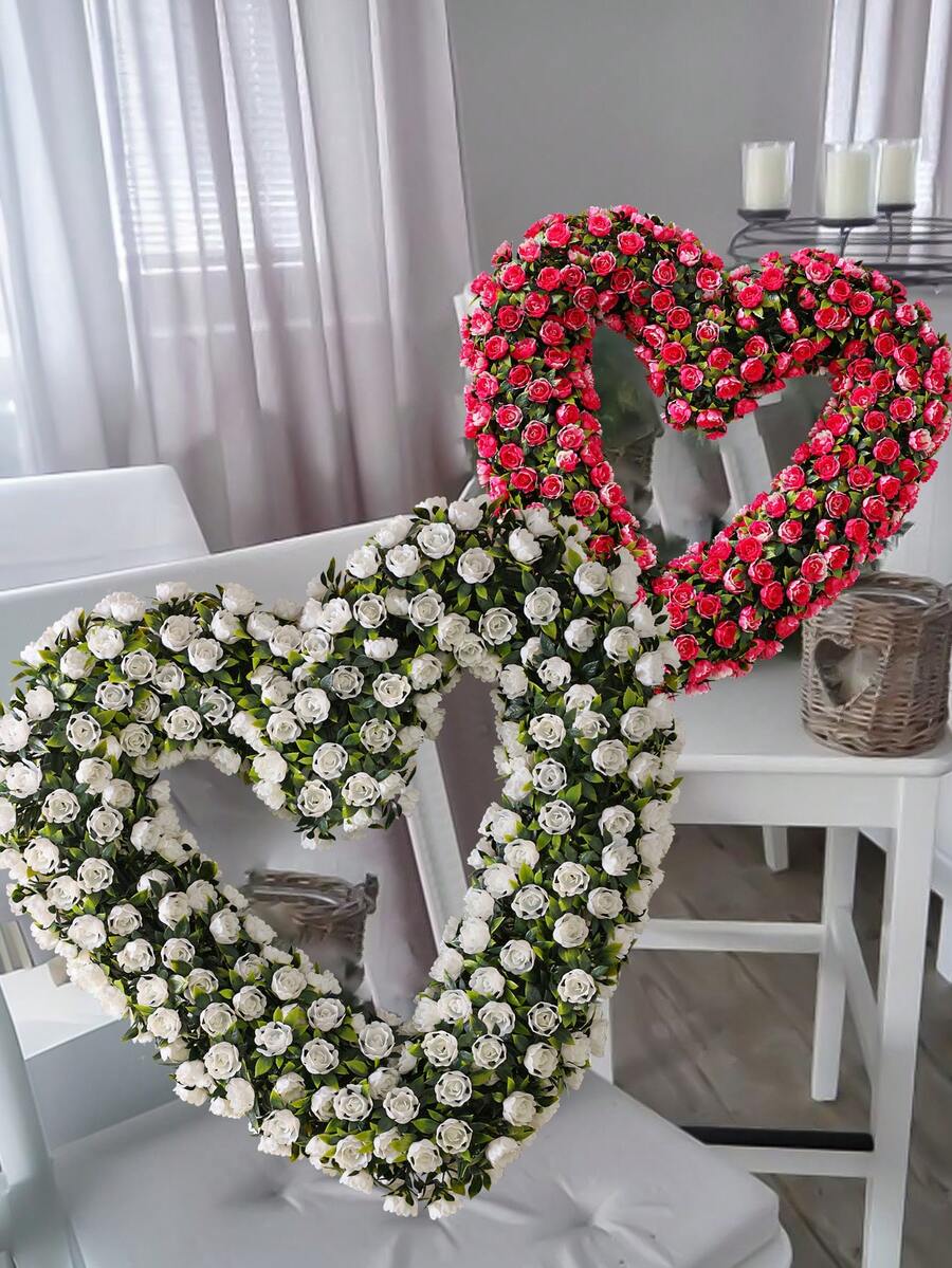 1pc Heart-Shaped Floral Wreath, Double-Sided, White & Pink Rose, Woven, 43cm (16.9in), Artificial Plants & Flowers, Valentine's Day Gift, Wedding Decor, Green Decor, Dorm Room Office Decor, Holiday Birthday Party Decor, Home Decor, Hotel Restaurant Living Room Bedroom Wedding Party Kitchen Garden Decor - Multicolor - View 1