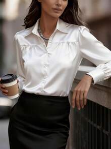 Women's Casual Everyday Office Commute Solid Color Lantern Sleeve Shirt, Simple & Versatile, Spring/Autumn White - White - View 3
