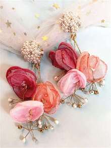 1pair Fashionable Vacation Style Handmade Wavy Cloth & Faux Pearl Decor Flower Earrings For Women, Suitable For Daily Wear And Vacation Valentines,Mom,Mother,Mother's Day,Gift - 彩色 - 查看 4