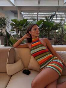 Robe d'été femme SEREN à bretelles spaghetti avec blocs de couleurs, robe d'été sexy dos nu pour vacances, vêtements d'été, robe de soirée, tenue de plage, robe décontractée femme, tenue de plage femme, robe d'été, tenue de vacances femme, robe de soirée élégante, tenue de plage femme, Top de plage femme, tenue de vacances femme, robe en tricot rayée femme, blocs de couleurs, robe de plage à bretelles spaghetti - Multicolore - Voir 2