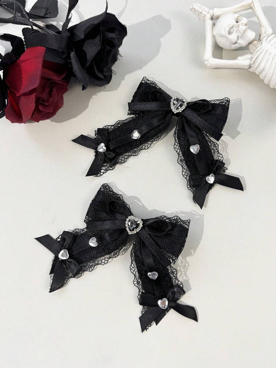 2 chiếc kẹp tóc hình trái tim đính pha lê ren kiểu Gothic, phù hợp cho trang phục ngày lễ và sử dụng hàng ngày dành cho những người yêu thích phong cách Gothic, mùa hè, du lịch, phụ kiện đội đầu, lễ hội, sinh nhật. - màu đen - Xem 1