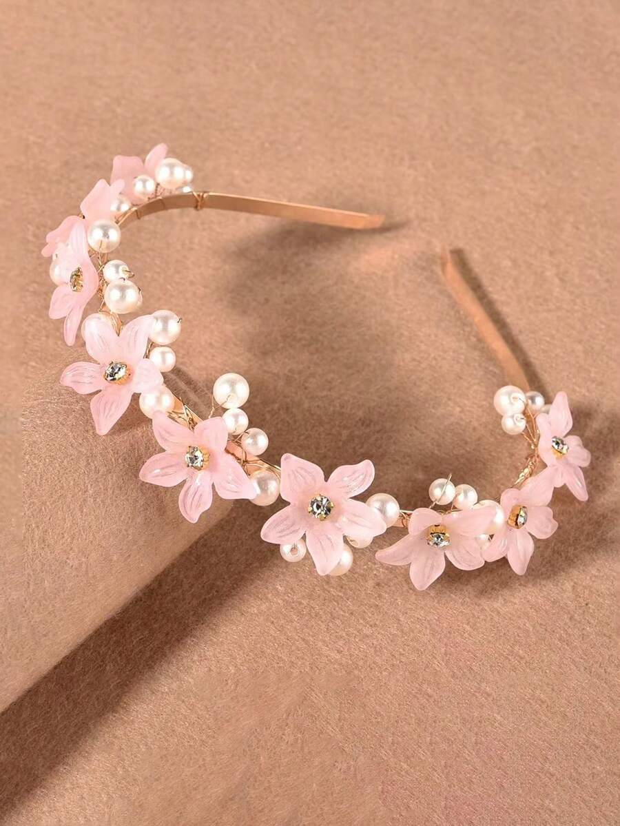 1pc European & American Minimalist Pearl Flower Headband Hair Accessory For Women Hairband Hair Band Diadema Hair Hoop - Pink - View 1