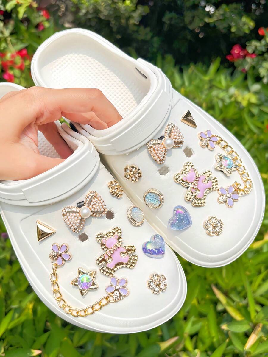 18pcs Gold & Purple Bear Shoe Charms, Gold Chain Shoe Decorations, Accessories, Shoe Clips, Shoe Decorations, Cute Pink Series Suitable For Sandals, Beach Shoes, Garden Shoes, DIY Accessories