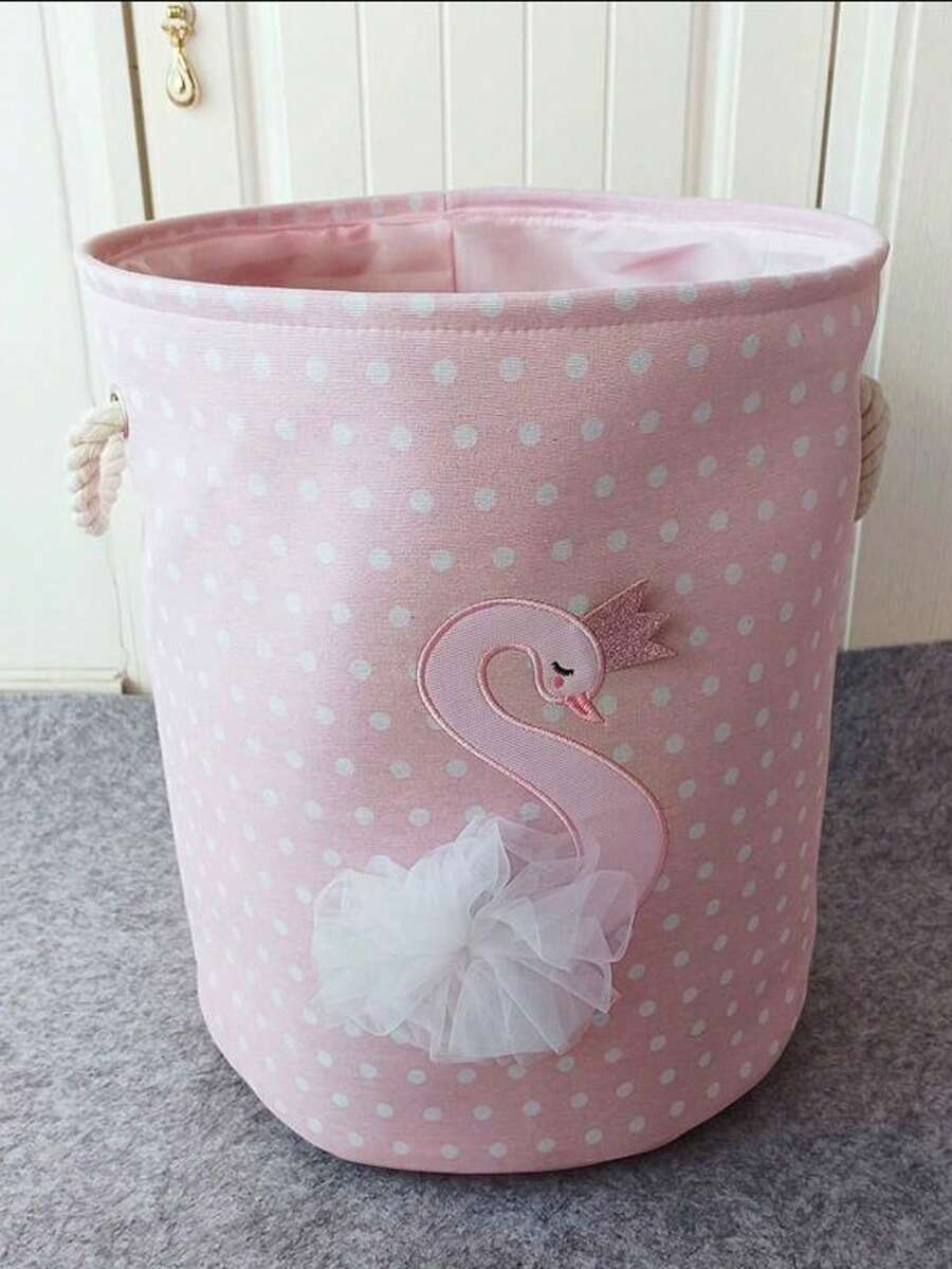 1pc Pink Swan Laundry Basket, Fabric Foldable Storage Bin, Dirty Clothes Hamper