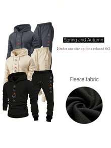 Black Retro Letter Print, Men's Two-Piece Set, Casual Long Sleeved Hooded Sweatshirt And Sweatpants Set, Suitable For Spring And Autumn Seasons, Sportswear Set - 杏色 - 查看 2