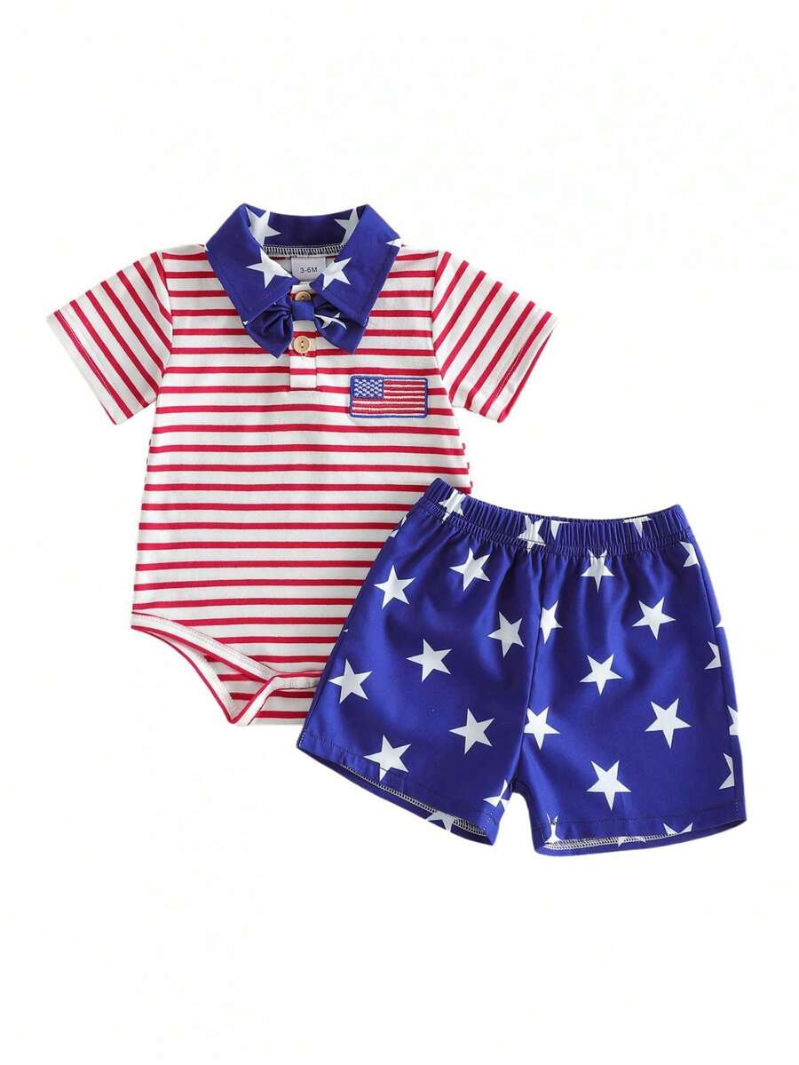 Baby Boy 4th Of July Outfit Patriotic Short Sleeve Flag Embroidery Striped Romper With Star Print Shorts 2Pcs Set , 4th Of July Baby Boy Outfit  0-3Months 3-6Months 6-12Months12-18Months - 彩色 - 查看 1