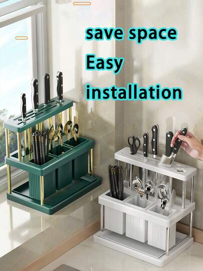 1pc Multi-Function Cutlery Holder, Space-Saving Utensil Rack With Detachable Drip Tray, Kitchen Sink Countertop Dish Drying Rack, Green & White Chopstick Holder, Knife, Spoon, Fork Storage Organizer, Suitable For Kitchen, Bathroom, Dining Room, Plastic