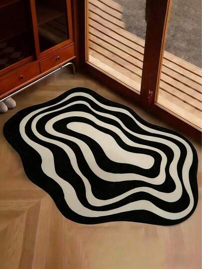 Tapete Pequeno Moderno e Minimalista com Padrão de Onda Abstrata Preto e Branco - Compacto e Portátil, Macio e Confortável, Lavável à Mão, Tapete de Diatomita Antiderrapante Adequado para Decoração de Sala de Estar ou Quarto, Tapete Versátil Minimalista Interno/Externo de Poliéster, Temporada de Volta às Aulas