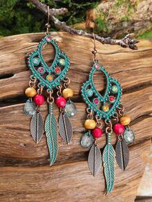 TopHanqi 一对长款复古流苏耳环，波西米亚风超大水钻装饰耳环，适合度假、音乐节、日常佩戴 - 彩色 - 查看 3