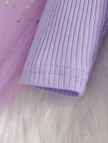 3pcs/Set Newborn Baby Girls Cute Ribbed Puff Sleeve Romper, Heart Pattern Bow Pants And Headband Set, Autumn/Winter - Mauve Purple - View 5