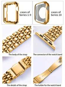 Stainless Steel Watch Band Compatible With  41mm 40mm 38mm 45mm 44mm 42mm, Fits  Series 10/9/8/7/6/5/4/3/2/1/SE/SE2, Slim Luxury Band + Screen Protector UNBJ - Gold - View 3
