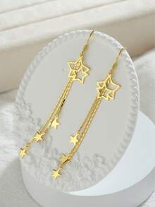 1对2件套精美925纯银三链长星形耳环，18K镀金垂坠流苏星形耳环，母亲节礼物 - 金黃色 - 查看 3