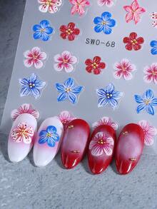 2片装5D芙蓉花美甲贴纸，粉色和蓝色花瓣图案，自粘式美甲装饰，适合夏季海滩、泳池派对、日常佩戴，女士适用。 - 彩色 - 查看 7