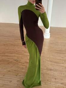Vestido elegante de manga larga con bloques de color y vuelo, adecuado para fiestas y uso diario - Verde - Ver 2