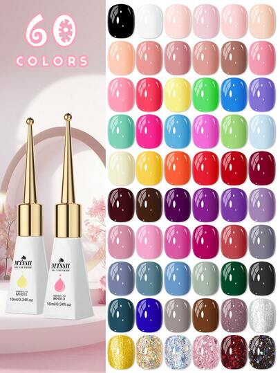 MTSSII 60色熱門色凝膠指甲油 10ml 春/夏 UV/LED 浸泡式凝膠，含亮片與純色，適用DIY美甲、美甲沙龍與居家使用