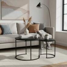 Juego de Mesa de Centro Nesting 2 Mesas Auxiliares Redondas Estructura de Metal Resistente con Tapa con Aspecto de Mármol Diseño Minimalista para Espacios Pequeños Salón Apartamento Negro - como en la imagen - Ver 7