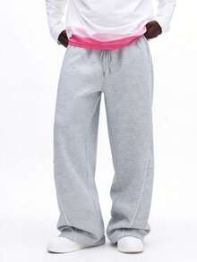 Pantalones largos deportivos para hombre, pantalones de chándal casuales minimalistas de pierna ancha, cintura elástica con diseño de cordón, finos para primavera/otoño - Gris Claro - Ver 6