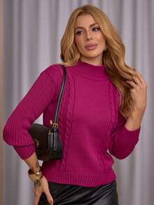 Women's Knitted Sweater With Braided Detail, High Neck, Long Sleeves, For Winter. Women's Winter Sweaters, Casual Everyday Wear, Elegant Women's Sweaters. - Màu Hoa hồng đỏ - Xem 1