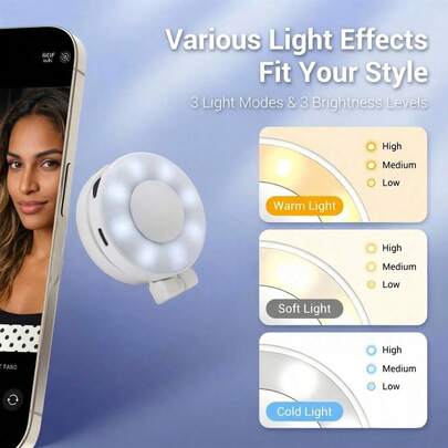 1 đèn LED vòng tròn mini 6cm để selfie, 3 màu có thể điều chỉnh độ sáng, đèn trang điểm cầm tay có nam châm kèm cáp USB, đèn ngủ hiện đại cho phòng ngủ và phòng tắm, quà tặng lý tưởng cho tháng Ramadan/Lễ Phục Sinh.
