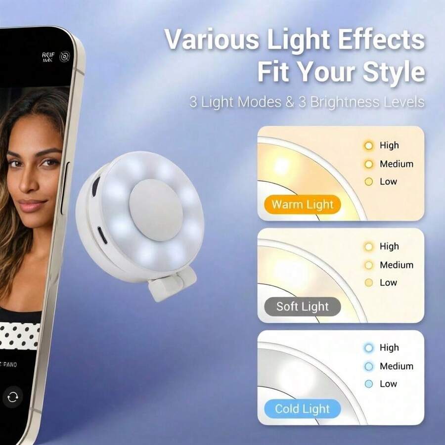 1pc 6cm Mini Round LED Selfie Ring Light, 3-Color Dimmable Magnetic Portable Makeup Light With USB Cable, Modern Bedroom Vanity And Bathroom Night Light, Ideal Ramadan/Easter Gift - A - View 1