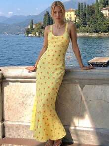 女士优雅黄色印花修身长款连衣裙，无袖低领鱼尾裙摆夏季吊带裙 - 黃色 - 查看 2