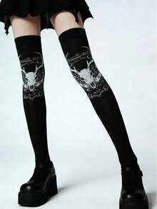 1 Pair Gothic Style Black & White Ripped Mesh Thigh High Socks, Hollow Out Over-The-Knee High Stockings - Black - View 3