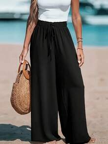 2 Piece Black Khaki Wide Leg Pants Set Women High Waist Elastic Drawstring Summer 2026 - 黑色+卡其色 - 查看 4