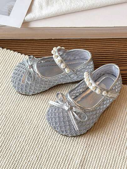 1 Pair Infant/Toddler Girls' Sweet Lace Mesh Children's Shoes, Pearl Bow Design, Soft Sole Breathable Kids Shoes