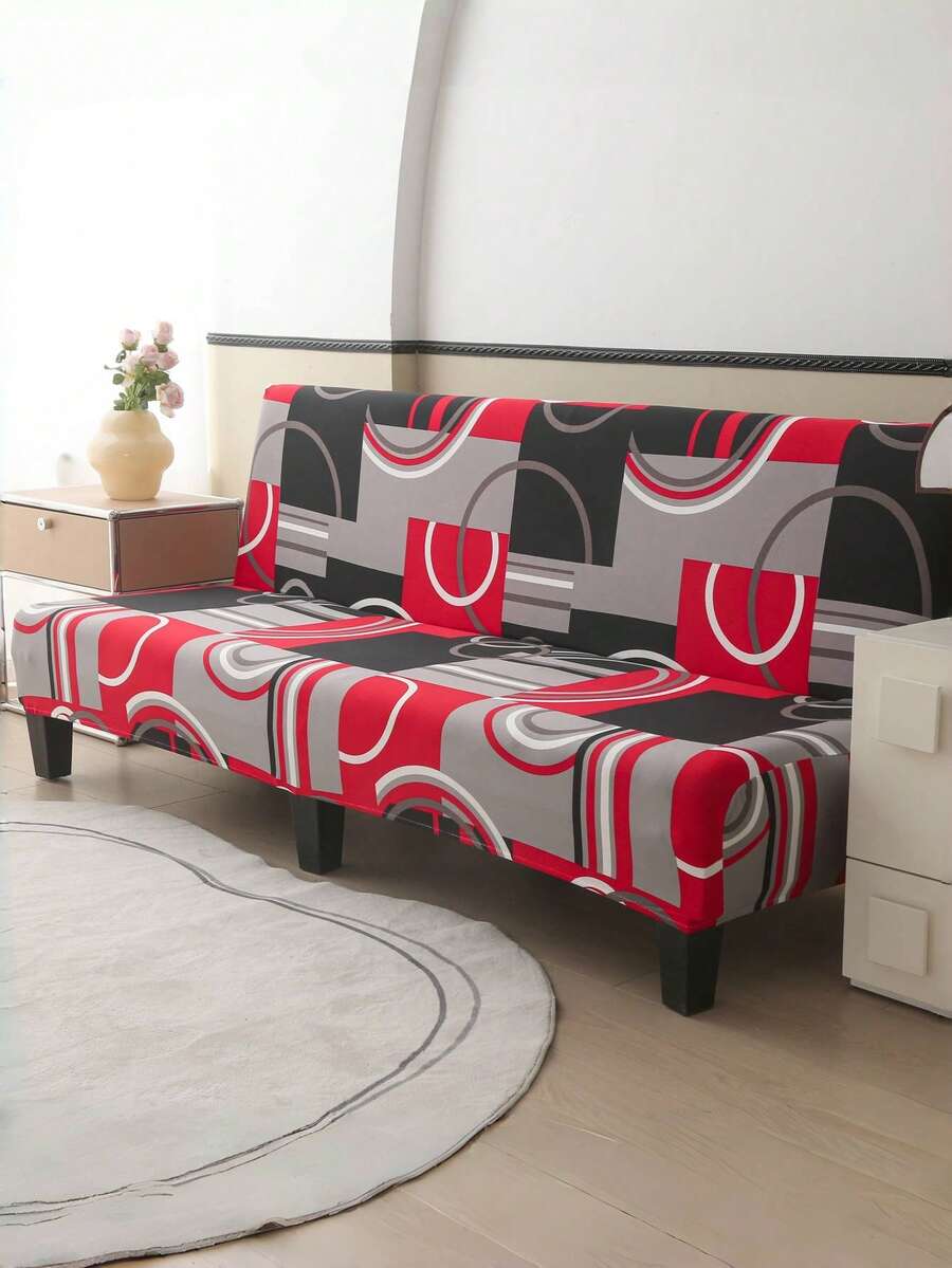 1pc Vintage Bohemian Nine Grid Sofa Bed Cover, Elastic All Inclusive Polyester Fiber Sofa Cover, Suitable For All Seasons - Red - View 1