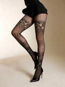 1 Pair Black Fishnet Tights With Floral Jacquard Sexy Flower Pattern Net Stockings Daily Wear - Multicolor - View 5