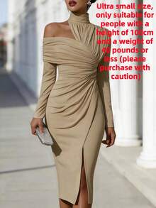 Ladies' French Summer Fashion Solid Color Elegant Asymmetric Design Olive Green Hanging Neck Off Shoulder Wrinkled Long Sleeve Off Shoulder Split Hip Wrapping Dress Elegance Slimming Medium Length Dress - 卡其色 - 查看 10
