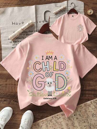 Tween Girl "I AM A CHILD OF GOD" Cartoon Print T-Shirt, Soft And Comfortable Fabric, Suitable For Girls Outdoor Sports, Daily Wear, Street Fashion, Campus Style, Girls Spring/Summer Casual Versatile Top