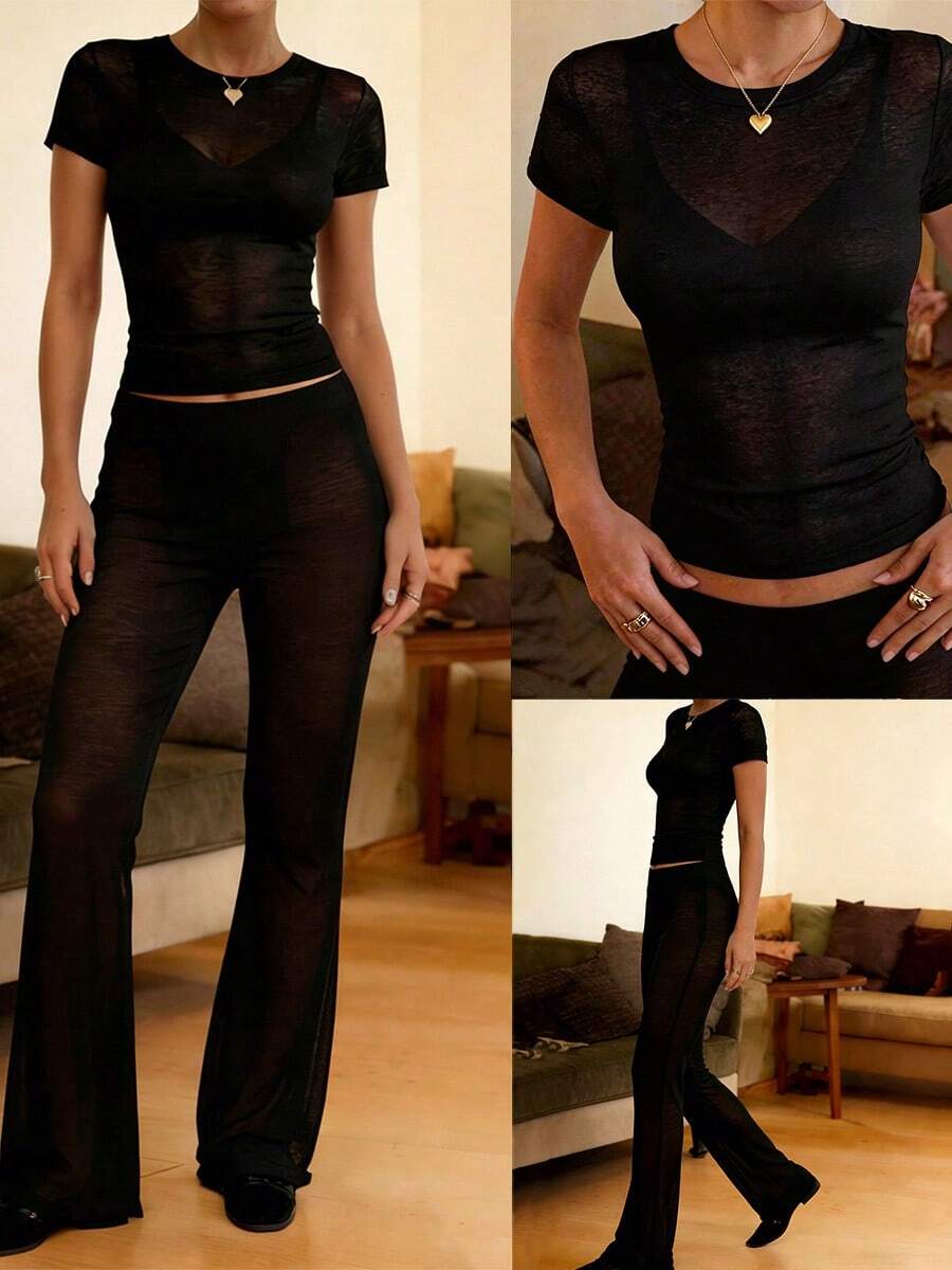 FLEXCHIC 女士性感网纱透视喇叭裤，时尚弹力长裤，适合春季、复活节、情人节，性感Y2K风格，适合派对和音乐节，黑色夏季款 - 黑色 - 查看 1