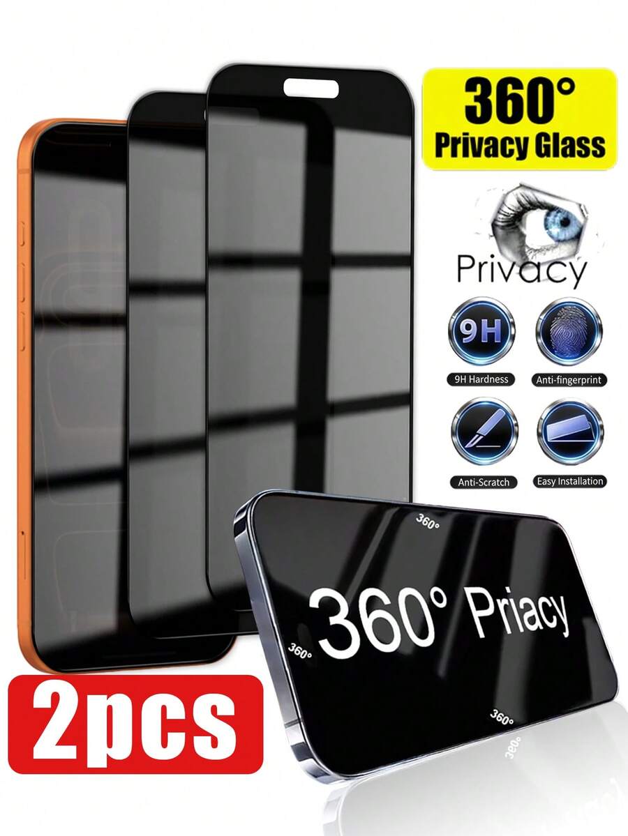 Bộ 2 miếng dán màn hình cường lực 360° chống nhìn trộm, độ cứng cao, chống trầy xước, chống sốc, chống bám vân tay, tương thích với iPhone 17 Pro Max, 17 Pro, 17 Air, 17, 16E, 16 Pro Max, 16 Pro, 16 Plus, 16, 15 Pro Max, 14 Pro Max, 13, 12, 11, XS MAX, XR Plus Series - 2 chiếc 360°Riêng tư - Xem 1