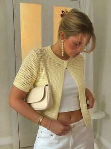 Damen Frühling/Sommer Neue Y2K Hellgelbe Strickjacke, locker, Cut Out, dünn, Rundhals, Kurzarm mit Knöpfen, lässiges Urlaubsoberteil - Hellgelb - Übersicht 6