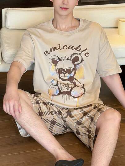 男士熊纹格子短裤睡衣套装（2件套），休闲睡衣