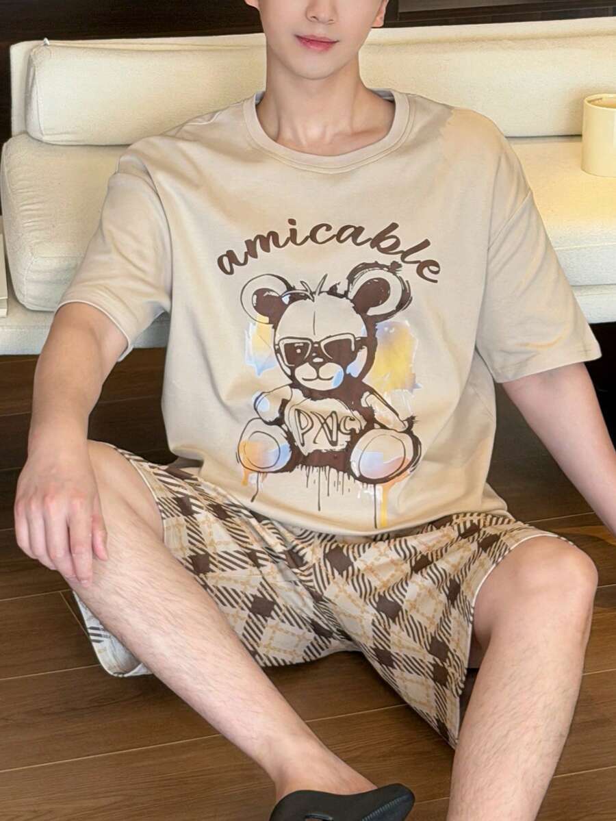男士熊纹格子短裤睡衣套装（2件套），休闲睡衣