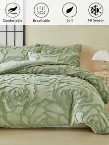 Bộ ga trải giường thêu hoa hồng xanh kiểu Bohemian 2/3 món, bộ đồ giường phong cách trang trại cổ điển, mềm mại và thoáng khí, có thể giặt máy, dành cho phòng ngủ, phòng khách, cỡ Queen, King (1 ga trải giường + 1/2 vỏ gối, không kèm ruột chăn) - màu xanh lá - Xem 2