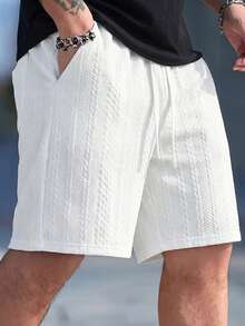 Men's White Embossed Jacquard Shorts, Loose Drawstring Waist Breathable Casual Bermuda Shorts, Versatile Style For Summer - White - View 7