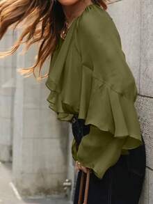 Women's Elegant Ruffle Trim Chiffon Loose Blouse, Suitable For Daily Wear, Dating, Commuting, Vacation, Green Color Spring - Green - View 4