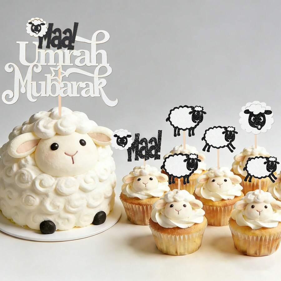 1件/24件/25件装副朝蛋糕装饰套装 - 可爱绵羊和“妈妈！”设计，适合庆祝副朝和宰牲节派对用品 - 多色 - 查看 1