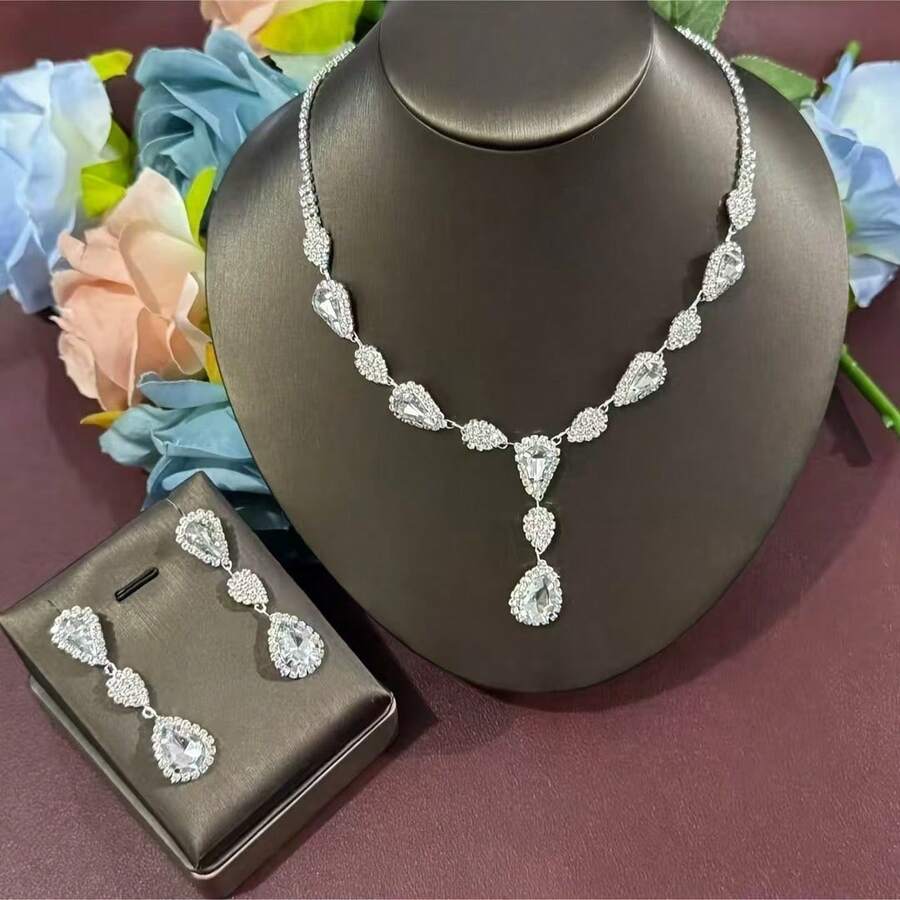 Conjunto de aretes, collar y pulsera de boda con cristales de diamante en forma de lágrima - 1662796 Juego de plata - Ver 1