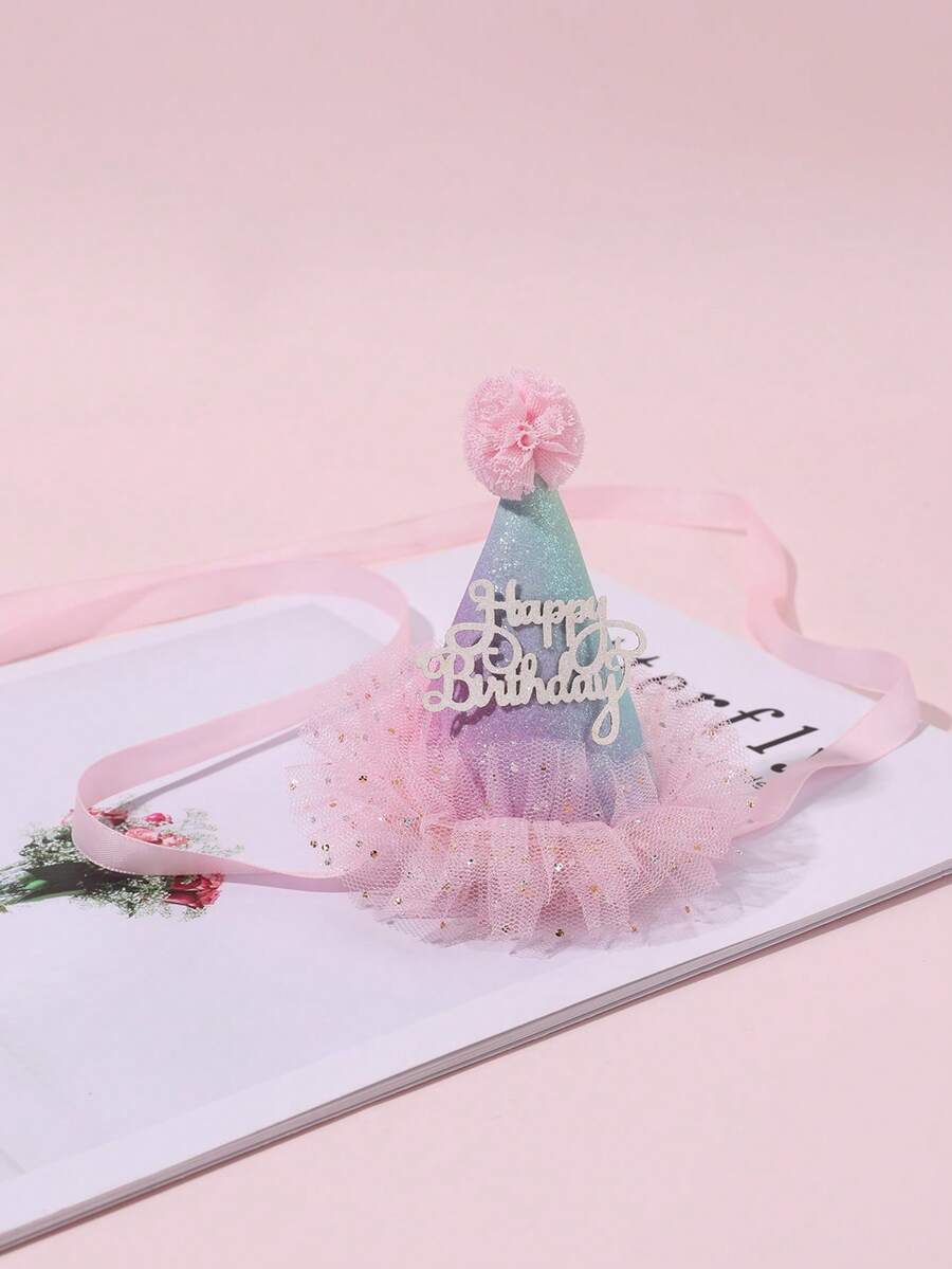 1件装女孩生日派对渐变彩虹3D亮片发箍,粉色薄纱“生日快乐”3D字母发饰,适合生日庆祝活动 - 彩色 - 查看 1